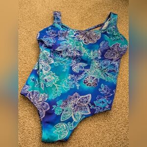 NEW. Blue Floral One-Piece Swimsuit, Size 22W.